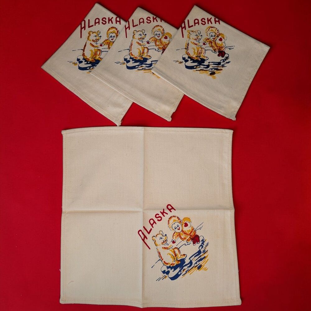 4 Alaska Souvenir Vintage 1950s Linen Napkins New Unused Polar Bear